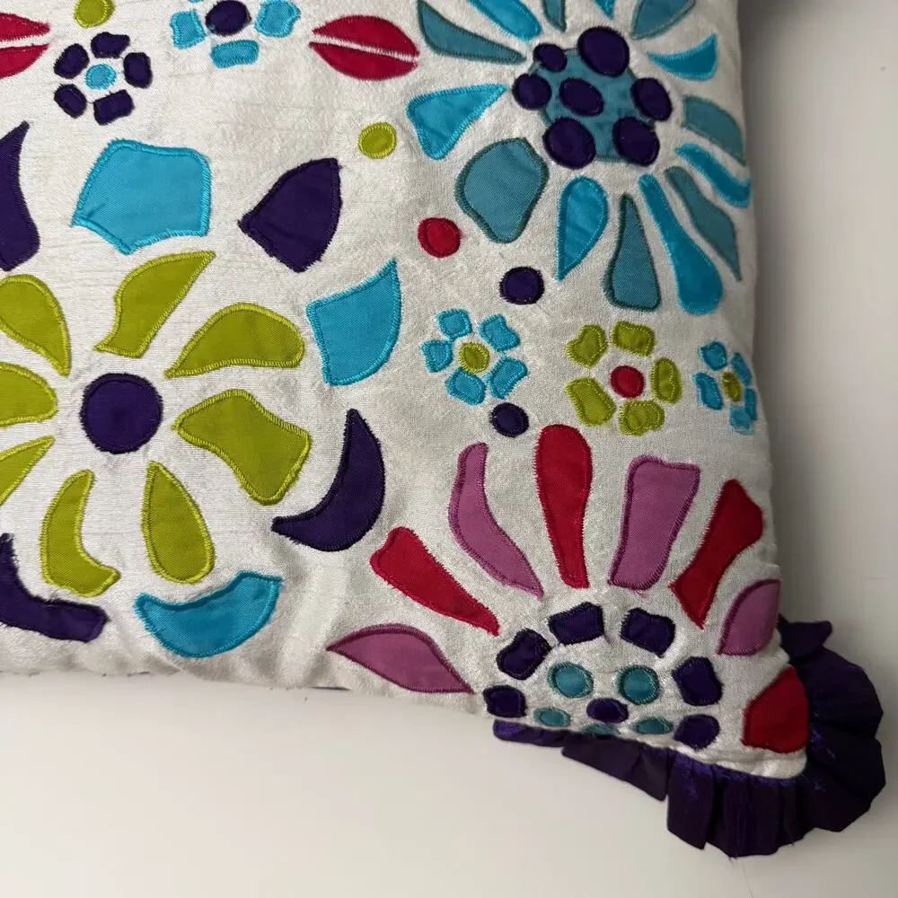 Pier 1 Imports Colorful Floral Applique Throw Pillow Ruffle 15x15 Purple Blue